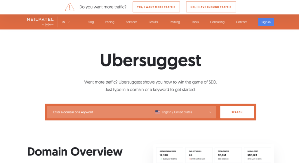 ubersuggest landing page 